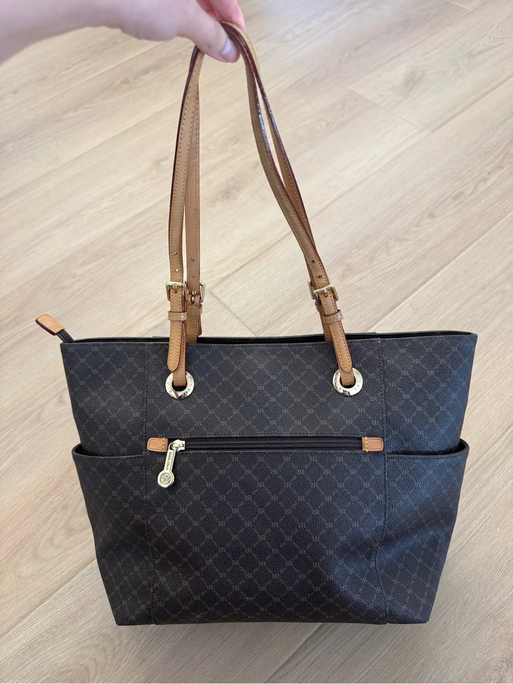 Rioni Moda Italia Canvas Tote Shoulder Bag Brown Monogram Print Handbag J9836Y